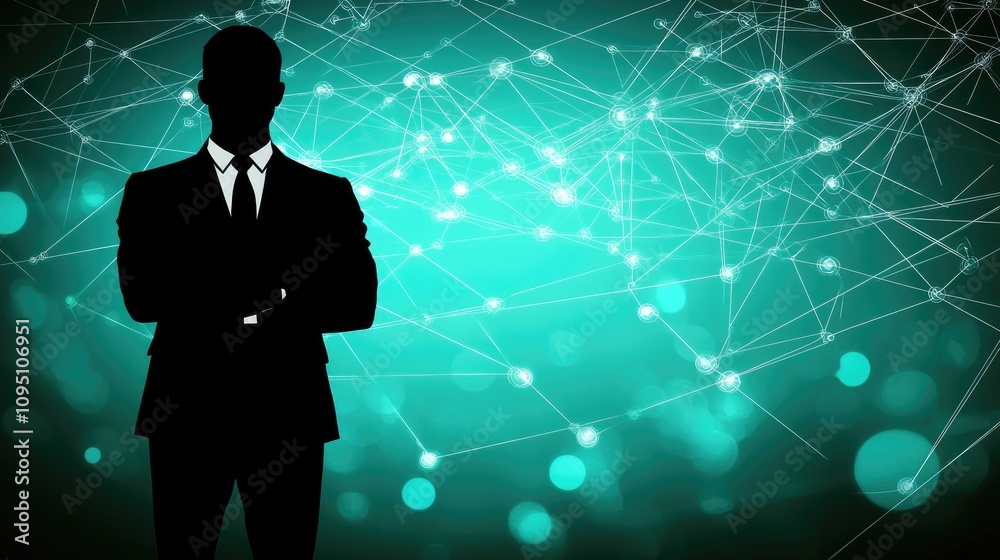 Silhouette of a Businessman Against a Abstract Background of Digital Connections and Technology Vibes with Bright Bokeh Effects and Network Lines Silhouette of a Businessman Against a Abstract Background of Digital Connections and Technology Vibes with Bright Bokeh Effects and Network Lines