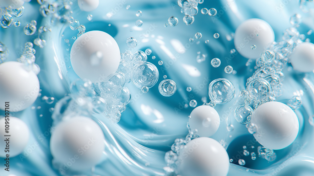 Bubbles and spheres float in vibrant blue liquid, creating dynamic scene Bubbles and spheres float in vibrant blue liquid, creating dynamic scene
