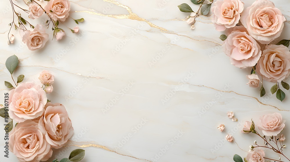 A luxurious floral border with blush pink roses and gold detailing framing an elegant blank space A luxurious floral border with blush pink roses and gold detailing framing an elegant blank space