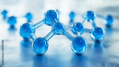 Blue molecular structures illustrating chemical bonding on a reflective surface