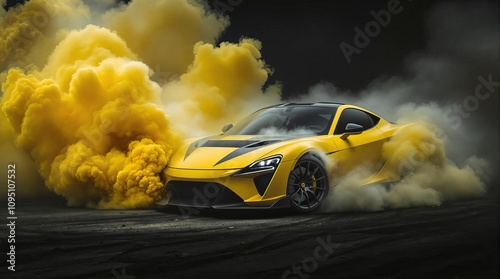 Sleek yellow sports car through smoke clouds, dynamic energy, advertising symbol