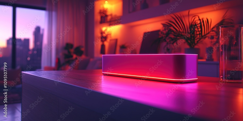 Modern speaker illuminated with vibrant colors in a stylish interior at dusk in a cozy apartment Modern speaker illuminated with vibrant colors in a stylish interior at dusk in a cozy apartment