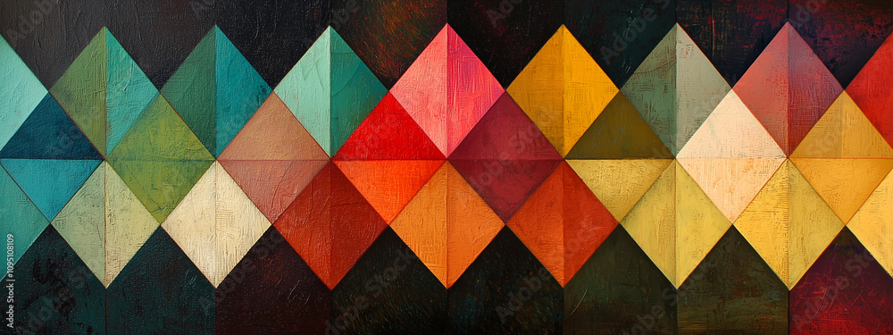 Bold Geometric Patchwork Design with Vibrant Red, Yellow, and Green Triangles