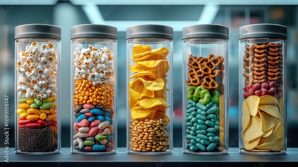 Colorful jars filled with various snacks like candies, popcorn, chips, and pretzels, neatly arranged to showcase an assortment of treats. Colorful jars filled with various snacks like candies, popcorn, chips, and pretzels, neatly arranged to showcase an assortment of treats.