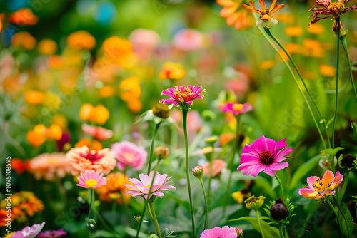 serene pathway through a vibrant garden adorned with colorful blooms. generative ai