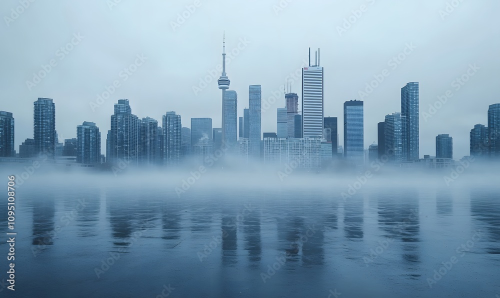 Fototapeta premium Foggy Cityscape with Overcast Sky, A moody image of a city skyline partially obscured by fog or low clouds