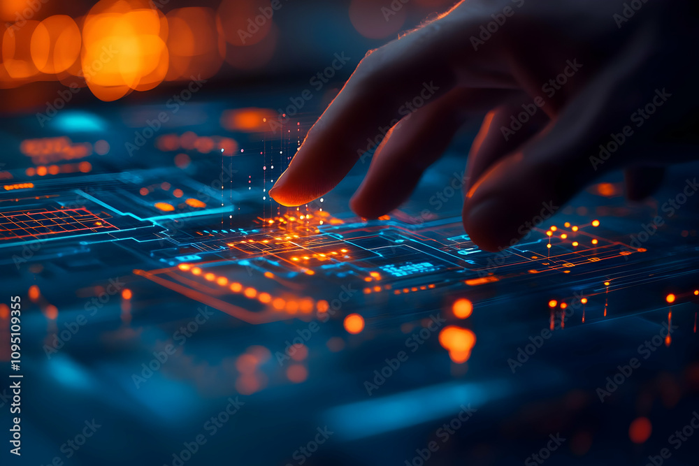 Illustration of Hand Interacting with Futuristic Circuitry Illustration of Hand Interacting with Futuristic Circuitry