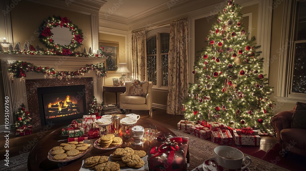 Cozy living room with a lit Christmas tree, festive gifts, hot cocoa, and cookies, glowing with warmth and holiday spirit. Cozy living room with a lit Christmas tree, festive gifts, hot cocoa, and cookies, glowing with warmth and holiday spirit.