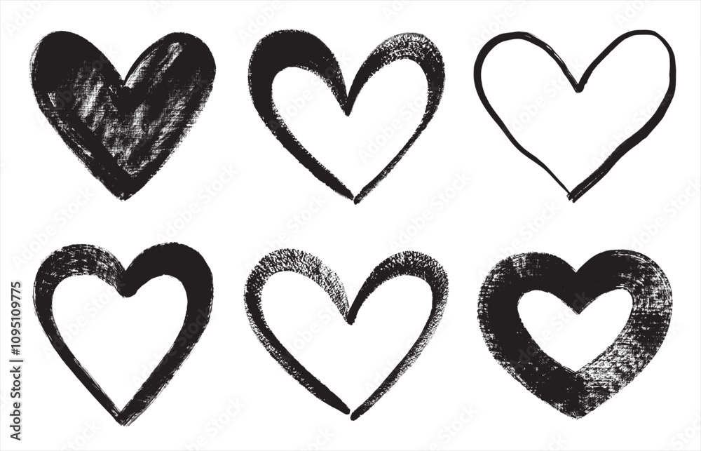 Big various brush drawn bold line linear heart shapes, silhouettes, outlines. Valentines day artistic templates set, collection. Uneven, rough, textured edge. Hand drawn, handwritten design elements. Big various brush drawn bold line linear heart shapes, silhouettes, outlines. Valentines day artistic templates set, collection. Uneven, rough, textured edge. Hand drawn, handwritten design elements.