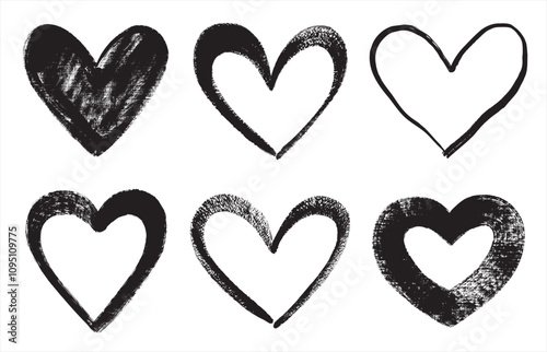 Big various brush drawn bold line linear heart shapes, silhouettes, outlines. Valentines day artistic templates set, collection. Uneven, rough, textured edge. Hand drawn, handwritten design elements.