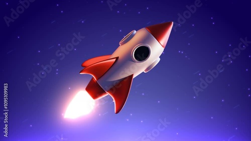 3d red and silver colored Rocket flying in the purple blue space universe, with starry background and cartoon style