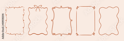 Vector illustration of wavy frames with bow in style elegant yoke. Vintage retro frame template for hand drawn greeting card for wedding, menu, birthday, stylish and modern party invitation design.