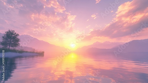 beautiful sunrise with reflection on water, vibrant sky colors, clouds