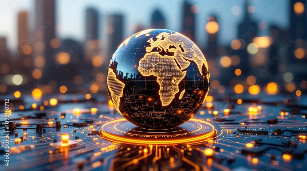 Futuristic digital globe on circuit board, glowing orange, tech innovation concept art Futuristic digital globe on circuit board, glowing orange, tech innovation concept art