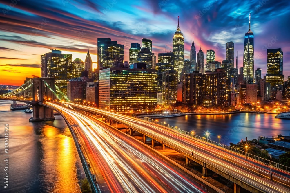 Stunning Long Exposure Map of NYC at Night, Capturing the Vibrant Light Trails of Traffic and Iconic Landmarks in a Dynamic Urban Landscape Stunning Long Exposure Map of NYC at Night, Capturing the Vibrant Light Trails of Traffic and Iconic Landmarks in a Dynamic Urban Landscape