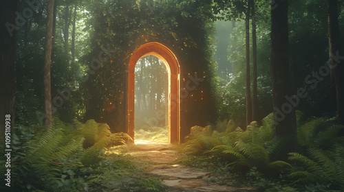 A mystical forest scene showcasing an ancient archway illuminated by ethereal light, surrounded by lush greenery and ferns. Emerald Forest Pathway. Illustration