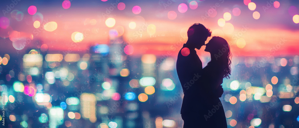 romantic couple silhouetted against vibrant city skyline at sunset, surrounded by colorful bokeh lights, creating dreamy atmosphere romantic couple silhouetted against vibrant city skyline at sunset, surrounded by colorful bokeh lights, creating dreamy atmosphere