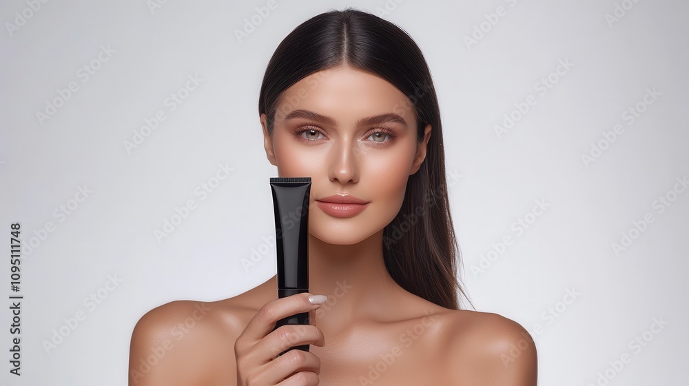 Beautiful Woman Holding Skincare Product in Minimalist Studio Setting with Soft Lighting, Highlighting Natural Beauty and Confidence Beautiful Woman Holding Skincare Product in Minimalist Studio Setting with Soft Lighting, Highlighting Natural Beauty and Confidence