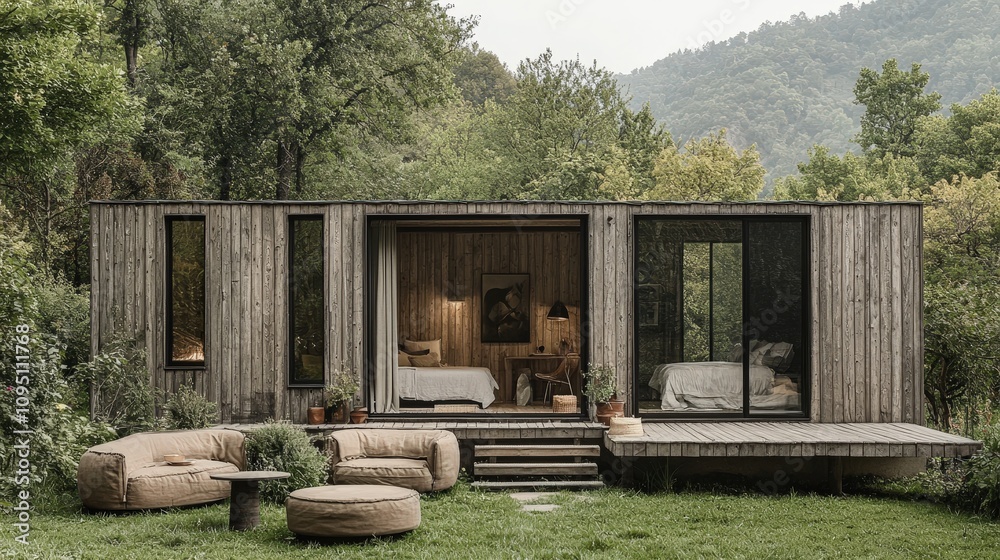 Modern Ranch House Wood Exterior Serene Landscape Green Nature Cozy Cabin