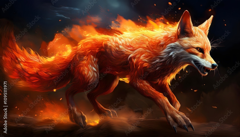 Flaming Fox Running With A Lot Of Flames. Powerful Fantasy Fox. Flaming Fox Running With A Lot Of Flames. Powerful Fantasy Fox.