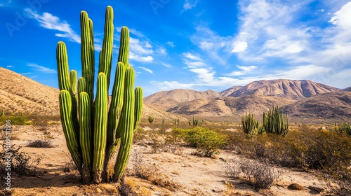 A stunning desert landscape featuring a tall cactus against a backdrop of mountains and a vibrant blue sky.