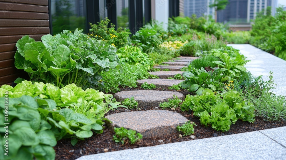 Urban Rooftop Garden Path Greenery Stone Steps Plants Herbs