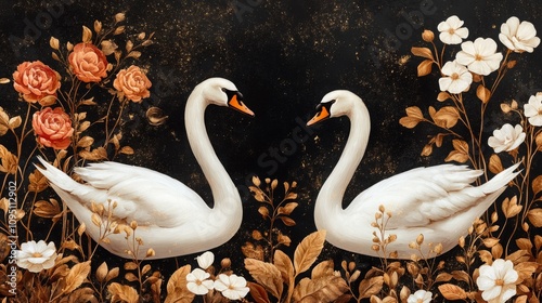 Seamless Vector Pattern of Elegant White Swans Amidst Delicate Plants on Dark Gold Background for Sophisticated Designs photo