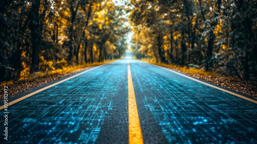 Innovative digital road pathway surrounded by autumn trees inviting exploration and adventure