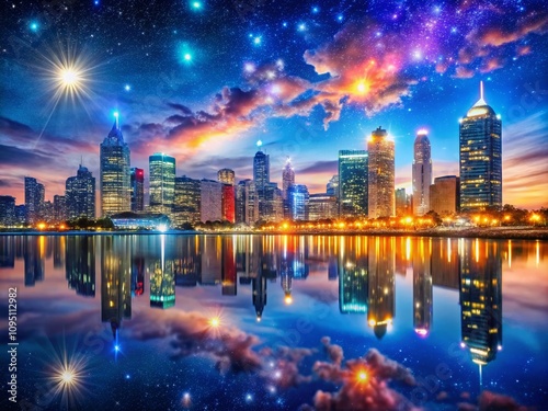 Stunning Night Photography of a Serene Cityscape Ideal for Desktop Backgrounds, Featuring Twinkling Lights, Calm Water Reflections, and a Starry Sky for a Relaxing Visual Experience