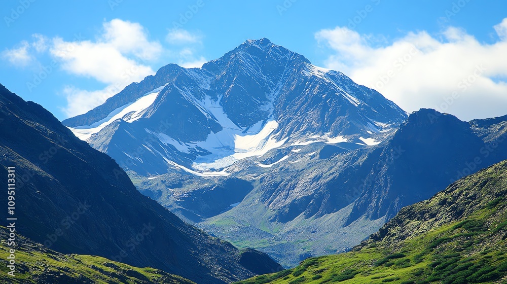 Fototapeta premium Majestic mountain landscape showcasing snow-capped peaks under a clear blue sky, surrounded by lush green valleys.