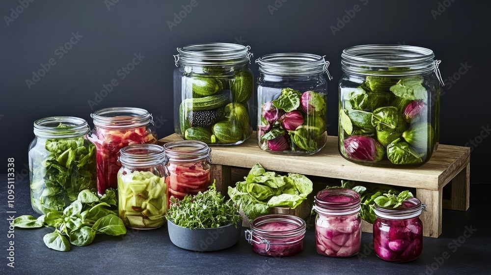 Fresh and Colorful Variety of Preserved Vegetables and Greens in Glass Jars on Wooden Stand Against Dark Background for Healthy Eating and Cooking Inspiration Fresh and Colorful Variety of Preserved Vegetables and Greens in Glass Jars on Wooden Stand Against Dark Background for Healthy Eating and Cooking Inspiration