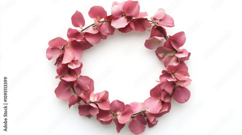 wreath of small pink rose petals on a white background, textured surface