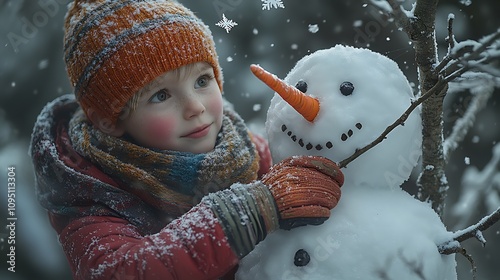 A vibrant winter scene featuring a child pressing a stick arm into a snowman’s frosty body, snowflakes gently landing on their scarf and the snowman’s surface, photo