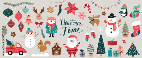 Christmas Time elements collection with seasonal holidays design, cute characters, winter decorations