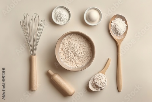 Top-down view of baking ingredients and tools on beige