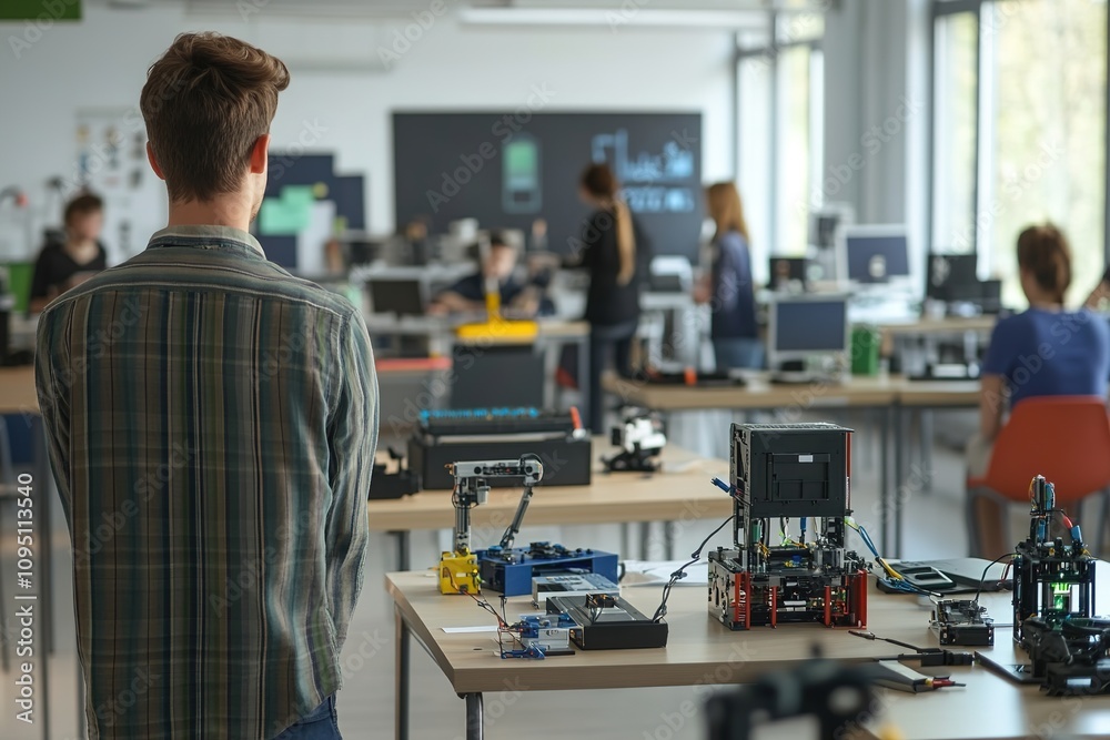 Man observing robotics lab with students and equipment Man observing robotics lab with students and equipment