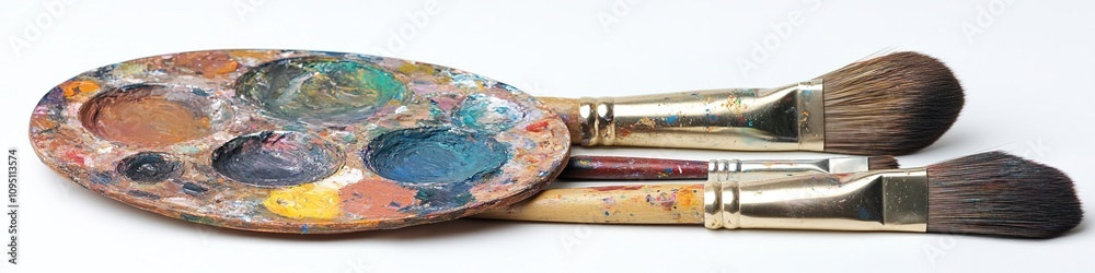 Paint palette and brushes with dried colors