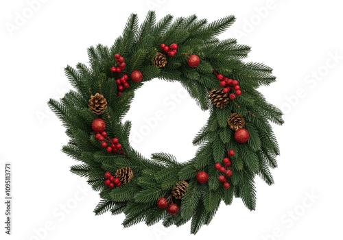 Festive Christmas Wreath Pine, Berries, Cones, Holiday Décor photo