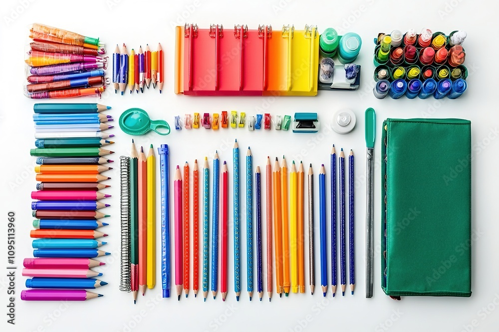 Obraz premium Assorted colorful stationery arranged neatly on white