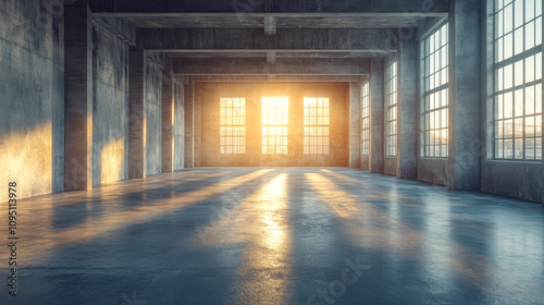 Bright sunlight streaming through large windows in an empty industrial space at sunset