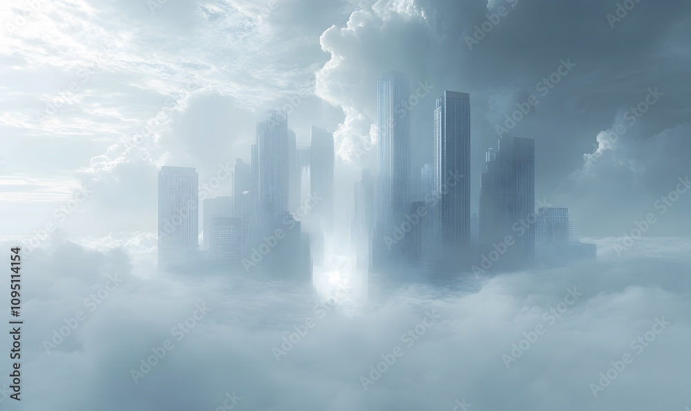 Fototapeta premium Mystical Urban Setting, An ethereal cityscape with soft, rolling clouds merging into the skyline