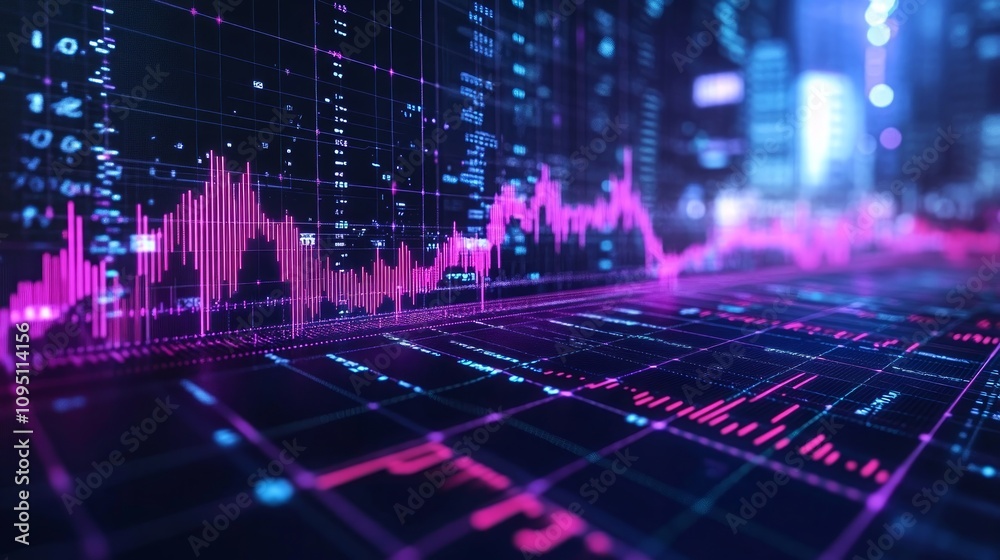 Abstract digital data visualization with glowing pink and blue lines forming a graph on a dark background. Abstract digital data visualization with glowing pink and blue lines forming a graph on a dark background.