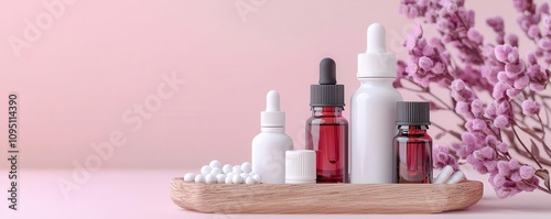 Essential oils and homeopathic products on wooden tray, soft lighting, 3D illustration