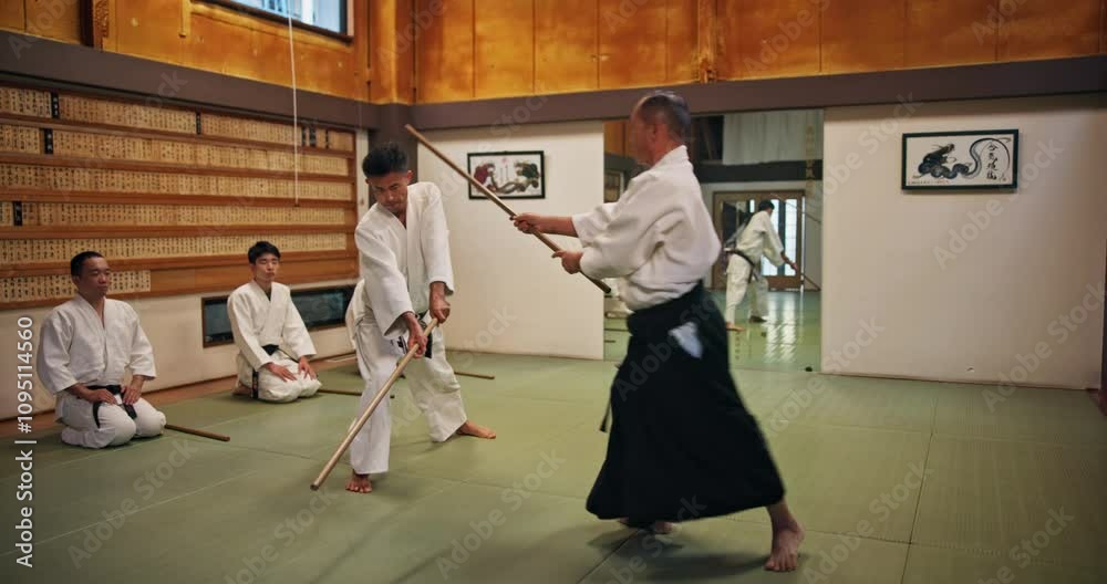 Master, student and teaching for fight, aikido and martial arts with fitness, kung fu and stick in Japan. Training, bokken and sensei for karate, battle and self defense class with exercise in dojo