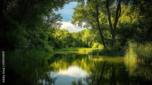 Serene Lakeside in Lush Green Forest