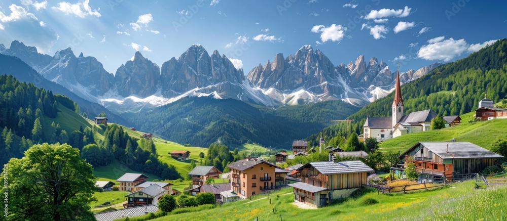 Obraz premium Mountain Village Idyll with Church Steeple and Snow-Capped Peaks