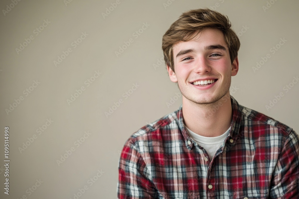 A smiling young man wearing a casual outfit with a bright plaid shirt A smiling young man wearing a casual outfit with a bright plaid shirt
