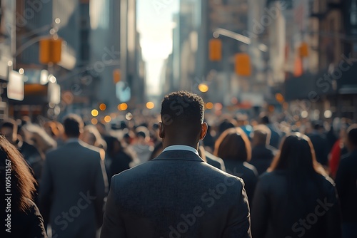 Gray Suit, Urban Commute Anonymous Man on Sunlit City Street