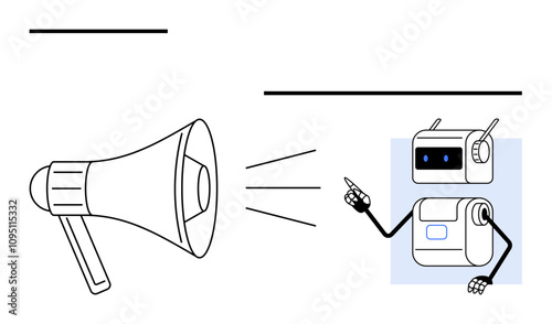 Robot with raised finger next to a megaphone emitting lines, indicating communication, announcement. Ideal for technology, robotics, digital communication, AI, automation, advertising, marketing