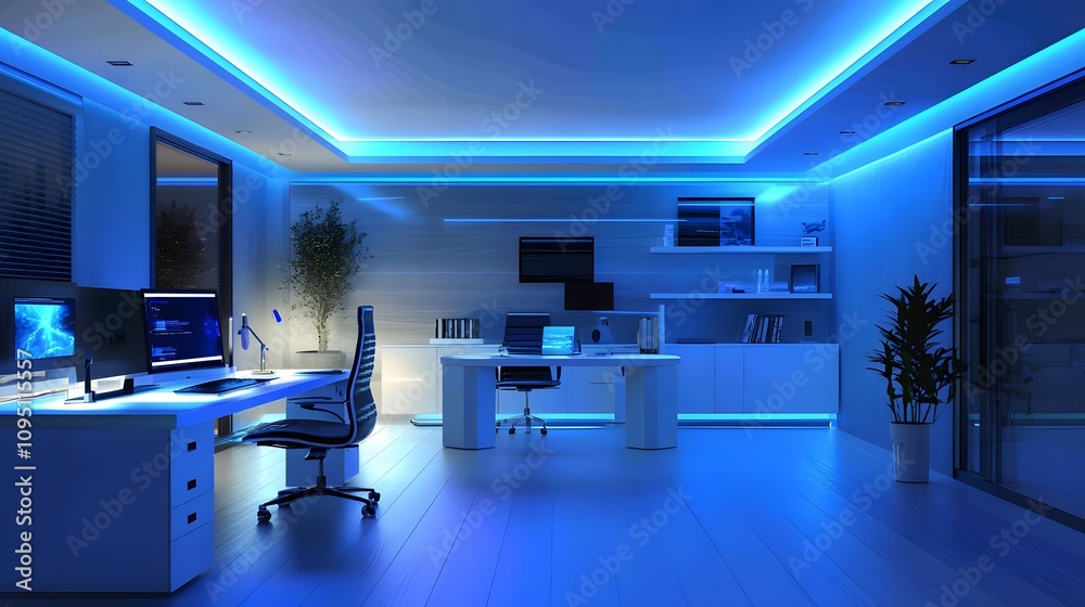 A futuristic workspace integrating IoT-powered lighting that adjusts via 3D glowing control hubs and 2D environmental feedback. 4k resolution, Cinematic Scene
